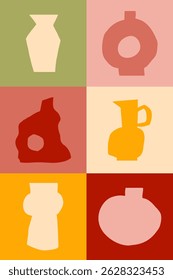 Arte moderna recorte design minimalista colorida pastel vasos silhuetas em um fundo colorido em um estilo plano. Padrão sem emenda do vetor
