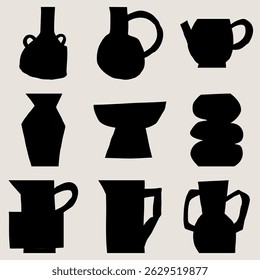 Modern art cutout minimalist design black vases silhouettes on a beige background in a flat style. Vector seamless pattern
