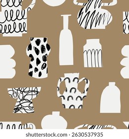 Modern art cutout minimalist design black and white vases with abstract doodle patterns like dots and arches on a beige background in a flat style. Vector seamless pattern