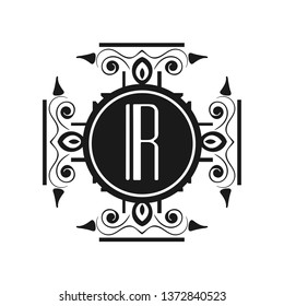 Modern art deco luxury classic monochrome minimal hipster geometric vintage vector monogram, frame , border , label for your logo badge design. Letter R