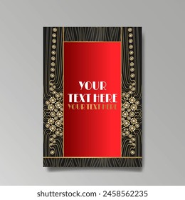 Modern, Art Deco luxury template golden black A4 page, menu, card, invitation, Sun and city lights in an Art deco Art Nuovo style, beautiful background 