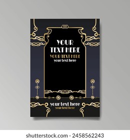 Modern, Art Deco luxury template golden black A4 page, menu, card, invitation, Sun and city lights in an Art deco Art Nuovo style, beautiful background 