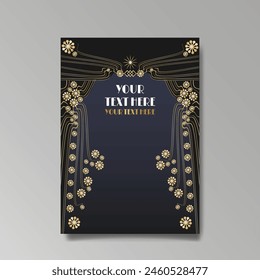 Modern, Art Deco luxury template golden black A4 page, menu, card, invitation, Sun and city lights in an Art deco Art Nuovo style, beautiful background 