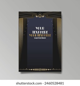 Modern, Art Deco luxury template golden black A4 page, menu, card, invitation, Sun and city lights in an Art deco Art Nuovo style, beautiful background 