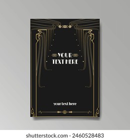 Modern, Art Deco luxury template golden black A4 page, menu, card, invitation, Sun and city lights in an Art deco Art Nuovo style, beautiful background 