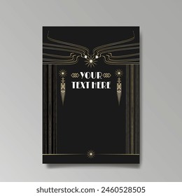 Modern, Art Deco luxury template golden black A4 page, menu, card, invitation, Sun and city lights in an Art deco Art Nuovo style, beautiful background 