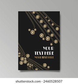 Modern, Art Deco luxury template golden black A4 page, menu, card, invitation, Sun and city lights in an Art deco Art Nuovo style, beautiful background 