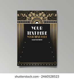 Modern, Art Deco luxury template golden black A4 page, menu, card, invitation, Sun and city lights in an Art deco Art Nuovo style, beautiful background 