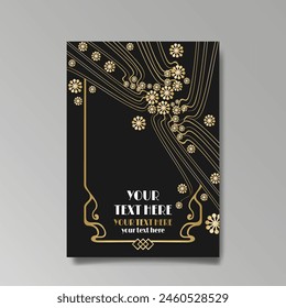 Modern, Art Deco luxury template golden black A4 page, menu, card, invitation, Sun and city lights in an Art deco Art Nuovo style, beautiful background 