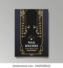 Modern, Art Deco luxury template golden black A4 page, menu, card, invitation, Sun and city lights in an Art deco Art Nuovo style, beautiful background 