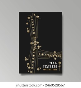 Modern, Art Deco luxury template golden black A4 page, menu, card, invitation, Sun and city lights in an Art deco Art Nuovo style, beautiful background 