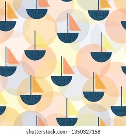 Modern Art Deco sailboats seamless vector pattern. Vintage Screen print style boats blue, orange, coral yellow. Layered circles in background. Intersecting dots with different opacity.