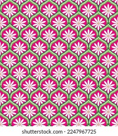 Modern Art Deco Style Sweet Fashion Flowers Trendy Colors Damask Decorative Illustration Hand Drawn Seamless Pattern Perfect for Allover Fabric Print or Wrapping Paper Fuchsia Green Tones