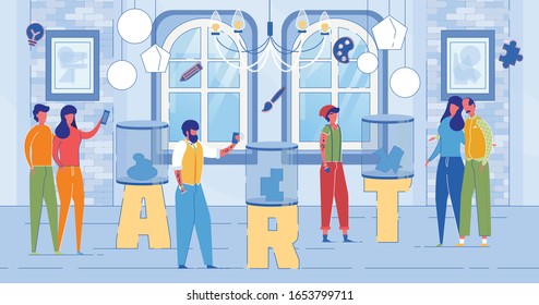 Modern Art Exhibition Center Word Concept Banner. Gallery Visitors Enjoying Masterpieces, Taking Photos of Abstract Art Objects. Tourists Admiring Postmodern Installations in Showroom