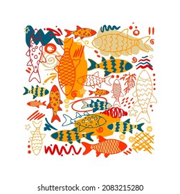 Modern art fish vector poster. Orange, red, blue sea and fish elements. Stylish abstract ocean theme. Gift card. Design symbols. Abstract shaped items. Zig-zags. Dots, square, fish silhouette elements