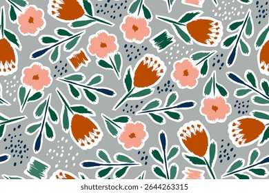 Modern art floral seamless floral pattern of flowers leaves geometric shapes, wrinkled edges, sticker outline. Fabric design, interior, wallpaper, lingerie, slipcover