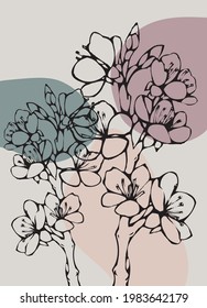 Modern art floral wild flowers painting print with abstract geometric shapes for poster or  tee - t shirt - Vector