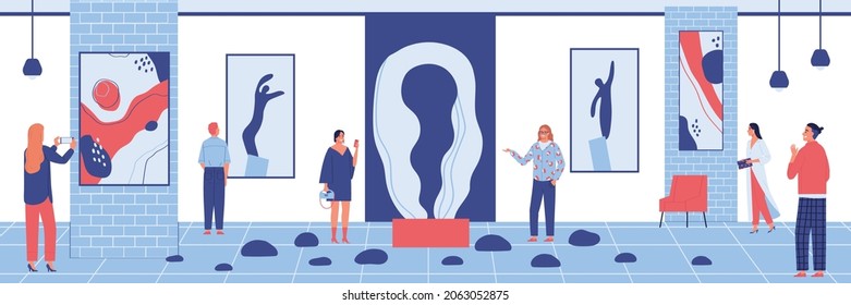 Modern art gallery composition with indoor scenery and human characters of exhibition visitors with art objects vector illustration