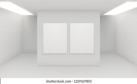 Modern art gallery interior. Vector architectural illustratrion of museum hall. Exposition space with minimal white walls. Exhibition studio mockup. Realistic indoor space