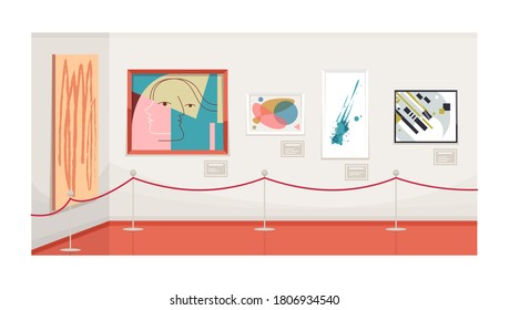 Modern Art Gallery Semi Flat Vector Illustration. Empty Contemporary Museum. Artwork Exhibition. Fine Art Showroom. Pictures, Paintings Hanging On Wall 2D Cartoon Objects For Commercial Use