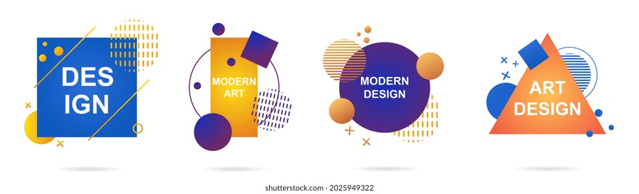 Gráficos de arte moderno. Etiquetas de gradiente abstracto con espacio para texto. Afiche colorido brillante con forma geométrica, línea y patrón. Ilustración de colección de vectores de dibujos animados aislada en fondo blanco