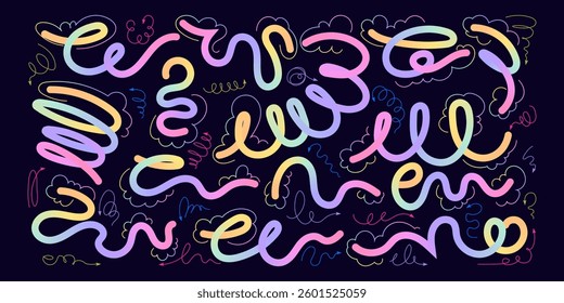 Modern Art with Hand Drawn Wavy Lines and Scribble Futuristic Sketches with Vibrant Colors. Playful geometric fluid organic shapes isolated. Trendy colorful freehand line doodles.