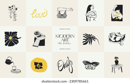 Modern Art Illustration. Matisse Abstract Set, Aesthetic Modern, Boho Decor, Minimalist, Illustration, Vector, Poster, Postcard. Aesthetic minimalist design. Vector illustrations.