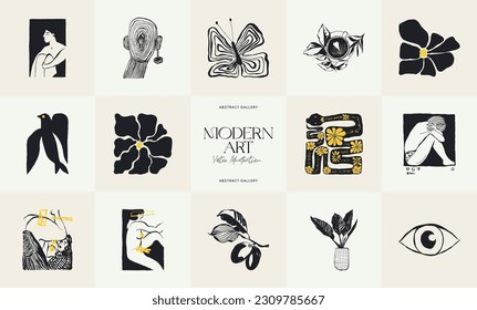 Modern Art Illustration. Matisse Abstract Set, Aesthetic Modern, Boho Decor, Minimalist, Illustration, Vector, Poster, Postcard. Aesthetic minimalist design. Vector illustrations.