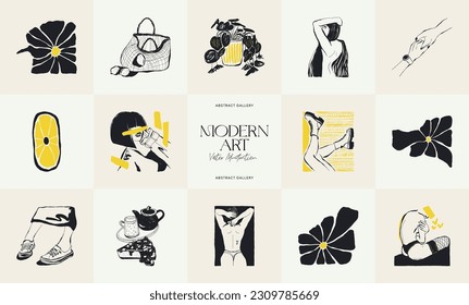 Modern Art Illustration. Matisse Abstract Set, Aesthetic Modern, Boho Decor, Minimalist, Illustration, Vector, Poster, Postcard. Aesthetic minimalist design. Vector illustrations.