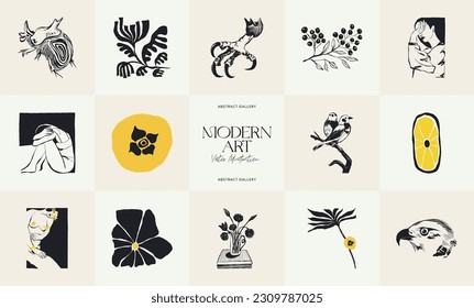 Modern Art Illustration. Matisse Abstract Set, Aesthetic Modern, Boho Decor, Minimalist, Illustration, Vector, Poster, Postcard. Aesthetic minimalist design. Vector illustrations.