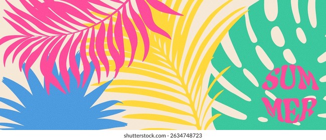 Modern art minimalist style summer banner with abstract tropical leaves and grain dot stipple overlay texture background. Vector illustration

