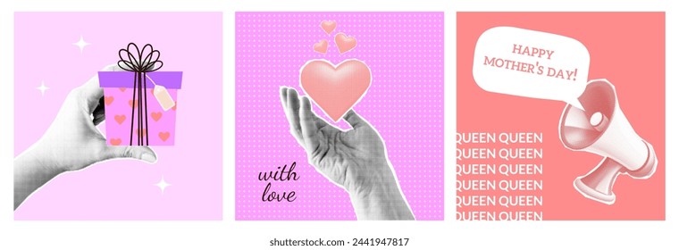 Modern art for Mother's Day. A set of posters with greeting on motherhood in halftones. Hands with a gift box. Trendy vintage Megaphone. Banner in mixed media magazine style. Vector illustration