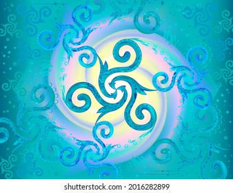 Modern art mural wallpaper with ancient triple spiral. Celtic triskele symbol ornament. Fantasy background with abstract Nordic decoration. Luxurious texture ornate for background, banner or design.