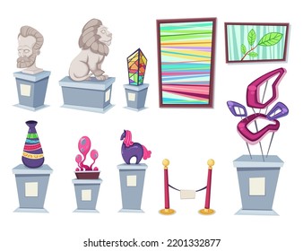 Modern art museum exhibits vector illustrations set. Cartoon drawings of paintings and sculptures in contemporary style, vase, lion statue isolated on white background. Modern art concept