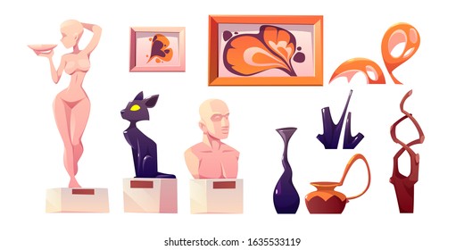 Modern art for museum exposition. Vector cartoon set of gallery exhibits, abstract paintings, sculptures and statue. Contemporary artworks isolated on white background