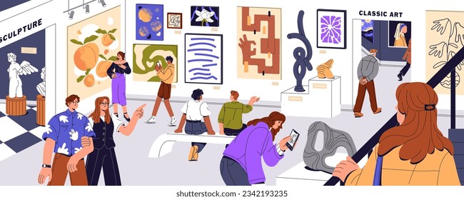 Modern art museum. People visit gallery, look on exhibits, view painting, contemplate artwork, walk in exposition, take photo, watch statue, sit and enjoy picture, exhibition. Flat vector illustration