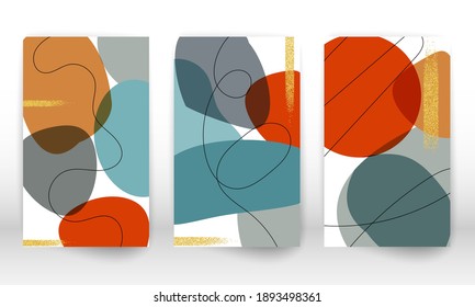 Modern art painting. Set of geometric shapes and lines. Watercolor painting texture brochure design. Minimalist hand painted shapes, gold particles. Shapes watercolor. Modern art background.