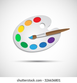 Modern art palette with brush and eight colors, vector illustration