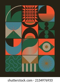 Modernes Kunstmuster, inspiriert von Bauhaus-Design, mit abstrakten geometrischen Formen und fetten Formen. Digitale Grafikelemente für Poster, Cover, Kunst, Präsentation, Drucke, Gewebe, Tapeten usw.