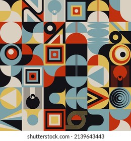 Modern Art pattern inspired by Bauhaus design made with abstract geometric shapes and bold forms. Digital graphics elements for poster, cover, art, presentation, prints, fabric, wallpaper and etc.