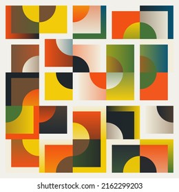 Modernes Kunstmuster, inspiriert von Bauhaus-Design, mit abstrakten geometrischen Formen und fetten Formen. Digitale Grafikelemente für Poster, Cover, Kunst, Präsentation, Drucke, Gewebe, Tapeten usw.