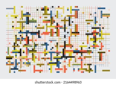 Modern Art pattern inspired by Bauhaus design made with abstract geometric shapes and bold forms. Digital graphics elements for poster, cover, art, presentation, prints, fabric, wallpaper and etc.