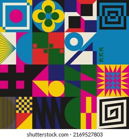 Modern Art pattern inspired by Bauhaus design made with abstract geometric shapes and bold forms. Digital graphics elements for poster, cover, art, presentation, prints, fabric, wallpaper and etc.