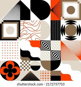 Modern Art pattern inspired by Bauhaus design made with abstract geometric shapes and bold forms. Digital graphics elements for poster, cover, art, presentation, prints, fabric, wallpaper and etc.