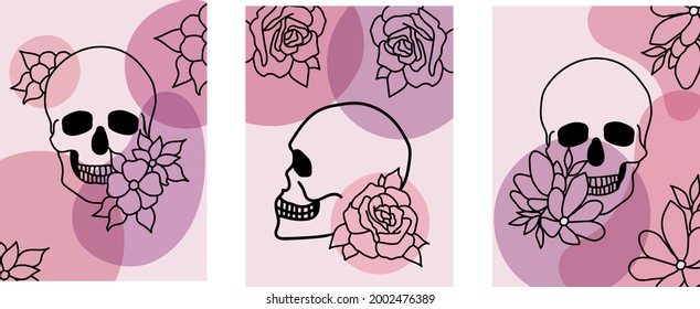 Modern art poster collection with skulls and flowers on abstract geometric shapes background