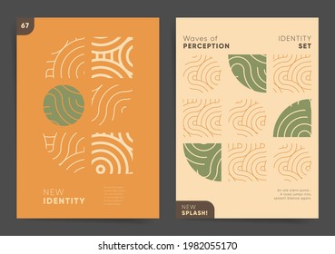 Conjunto de plantillas de afiches de arte moderno. Fondo asiático de diseño ondulado geométrico para afiche, portada, folleto, banner. Marco moderno y sencillo. Formas de mosaico abstracto, líneas onduladas japonesas, conjunto de diseño artístico.