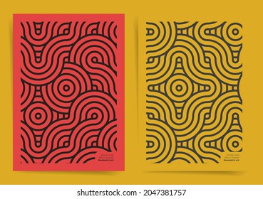 Conjunto de plantillas de afiches de arte moderno. Fondo de diseño geométrico ondulado amarillo rojo para afiche, portada, folleto, banner. Cubierta futurista. Formas geométricas abstractas, líneas onduladas japonesas, conjunto de diseño artístico