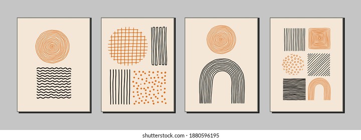 Afiches de arte moderno, cubiertas con varias texturas dibujadas a mano, formas abstractas, puntos, líneas, arcos, elementos de diseño, objetos. Impresión minimalista contemporánea.