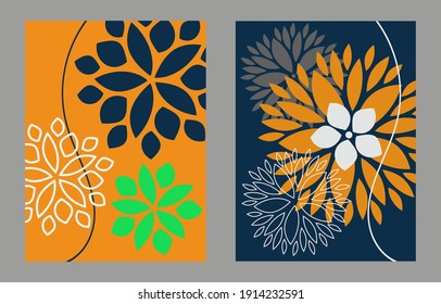 Modern art print set, abstract home decor with flowers. Floral prints for wall decoration or brochure cover, posters, banners. Background  template. Plant, flower, leaf pattern. Decoration ornament. 