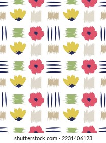 Modern art scandinavian seamless pattern of field pink and yellow flowers, green and gray strokes, wrinkled edges, white background. Fabric design, interior, wallpaper, linen, cover